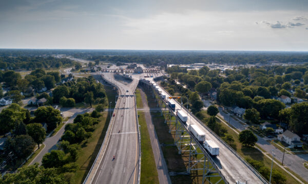 An aerial view of Canada and the United States of semis waiting to cross at The International Border Crossing