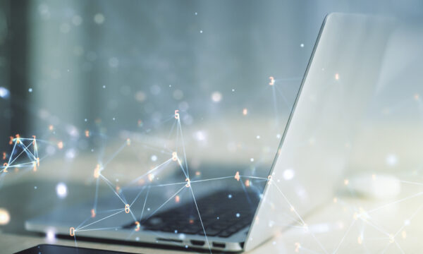 Creative abstract wireless technology hologram on modern computer background, artificial intelligence and machine learning concept. Multi exposure